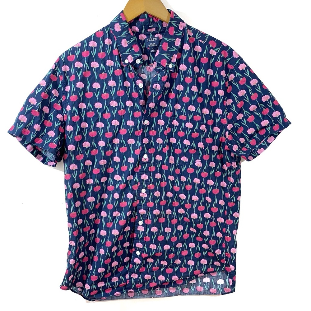 J Crew Factory Flex Washed Button Down Short Sleeve Shirt Large Slim